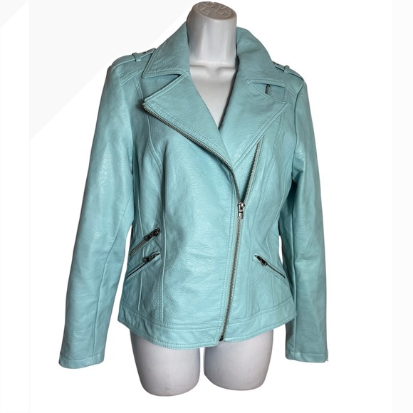 INC International Concepts Jacket Size M Faux Leather Blue Green Moto Jacket - Picture 1 of 9